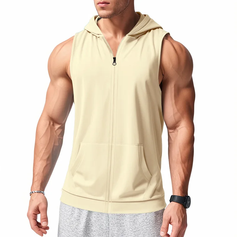 2025 Summer New style Men's Sports casual tank top Training Zipper Hooded Open Collar Sleeveless Loose Breathable Vest men Tops