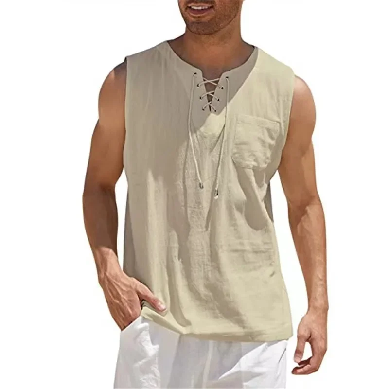 Cotton Linen Shirts Men's Casual Sleeveless Vest Lace Up Shirts Retro V Neck Tank Tops Loose Shirt Male Solid Color Clothes