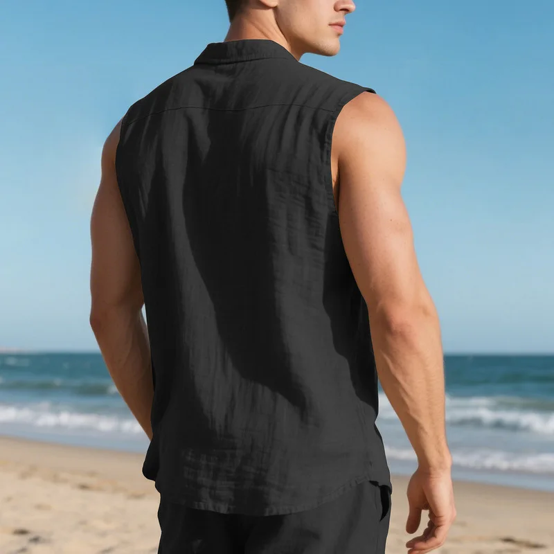 Summer casual BreathableTurn Down Collar button Sleeveless cardigan t-shirt vestMen Solid Sports Loose Beach Tops