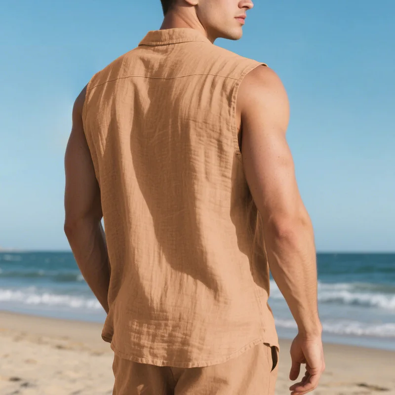 Summer casual BreathableTurn Down Collar button Sleeveless cardigan t-shirt vestMen Solid Sports Loose Beach Tops