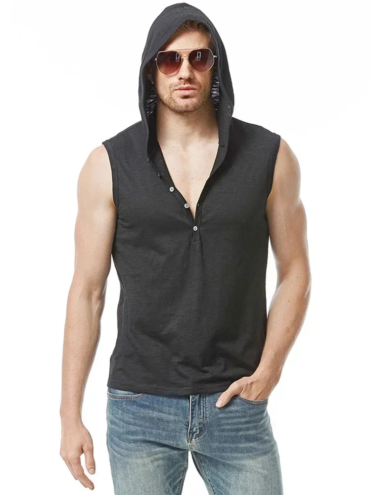 Men Cotton Hooded Tank Solid Color Half Button Sleeveless T-shirt Solid Color Breathable Lightweight Fashion Casual Vest