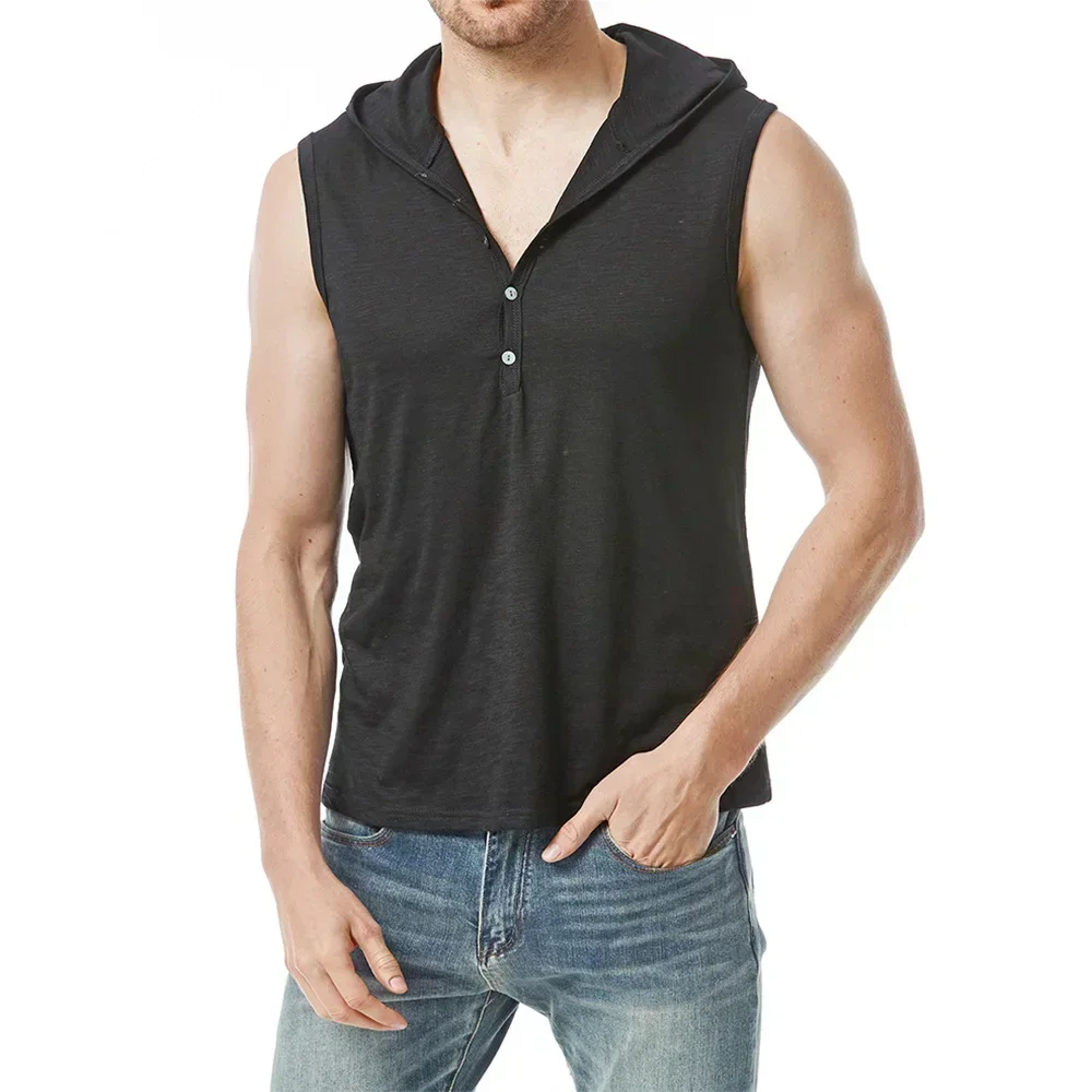 Men Cotton Hooded Tank Solid Color Half Button Sleeveless T-shirt Solid Color Breathable Lightweight Fashion Casual Vest