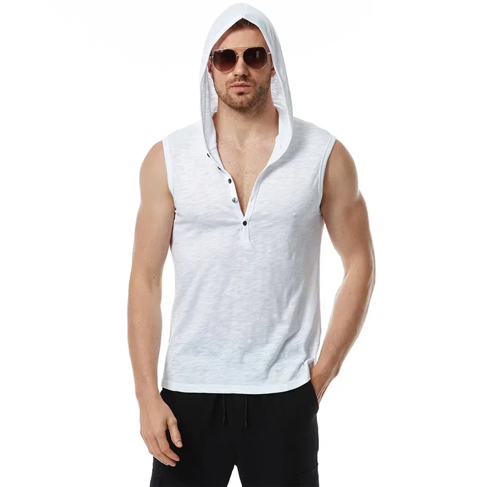 Men Cotton Hooded Tank Solid Color Half Button Sleeveless T-shirt Solid Color Breathable Lightweight Fashion Casual Vest