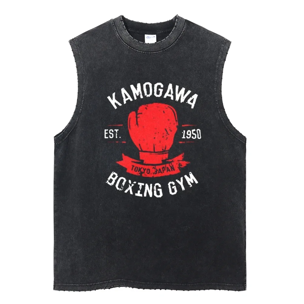 Summer Black Washed Vest Hip Hop Streetwear Tank Top Oversized Cotton T Shirt Anime Graphic Character Print Vest Tee Top