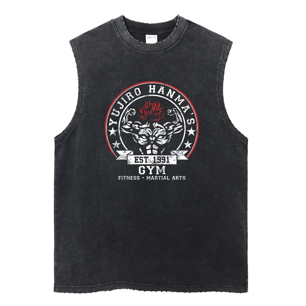 Summer Black Washed Vest Hip Hop Streetwear Tank Top Oversized Cotton T Shirt Anime Graphic Character Print Vest Tee Top