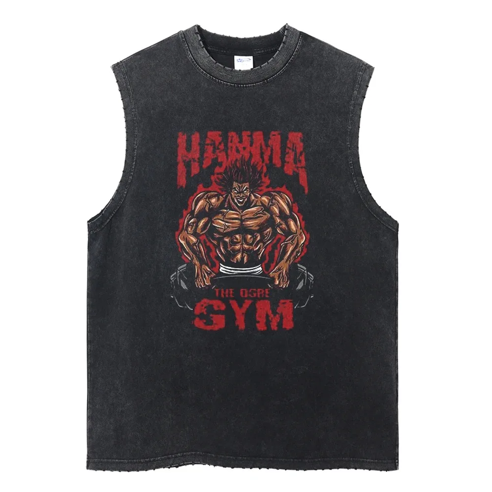 Summer Black Washed Vest Hip Hop Streetwear Tank Top Oversized Cotton T Shirt Anime Graphic Character Print Vest Tee Top