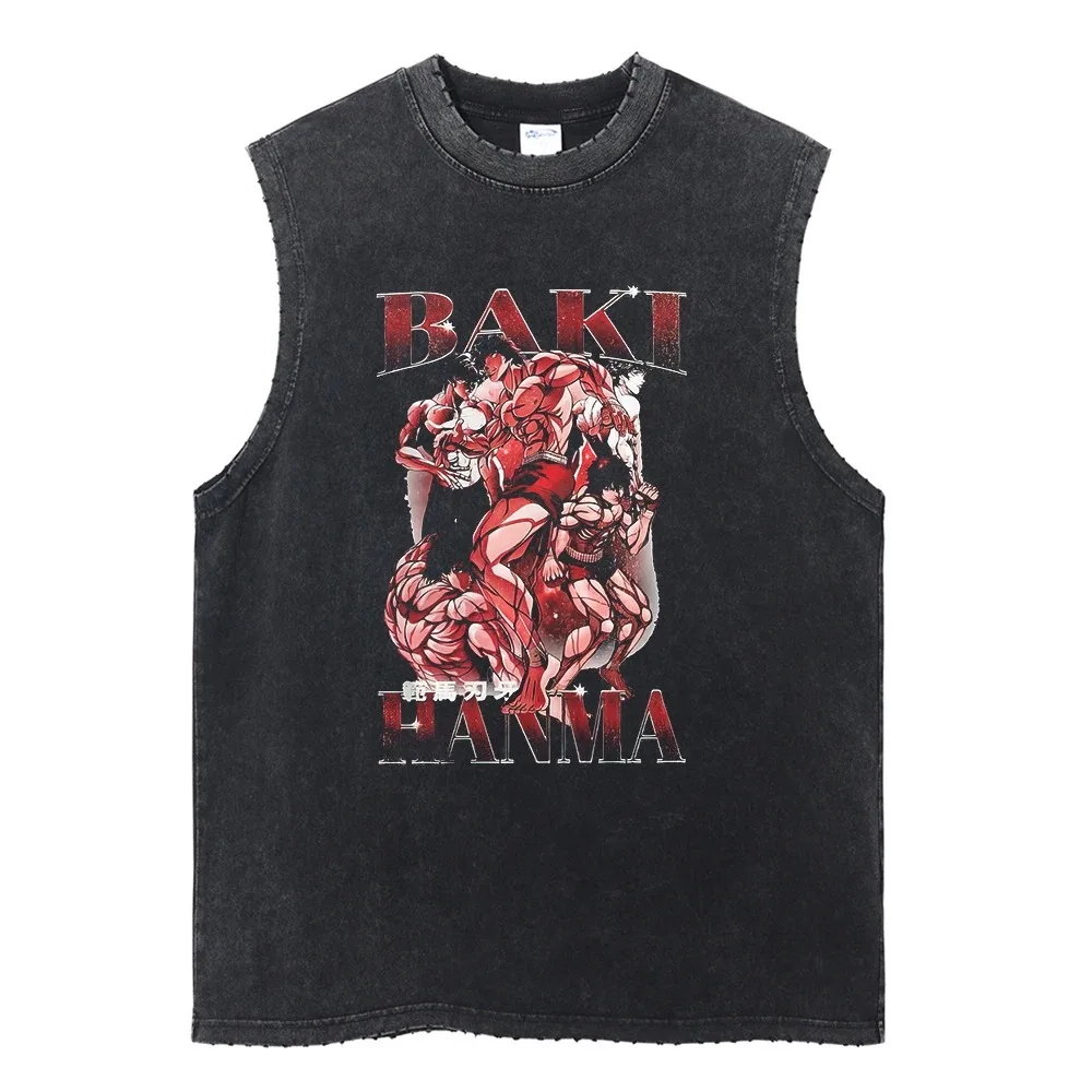 Summer Black Washed Vest Hip Hop Streetwear Tank Top Oversized Cotton T Shirt Anime Graphic Character Print Vest Tee Top