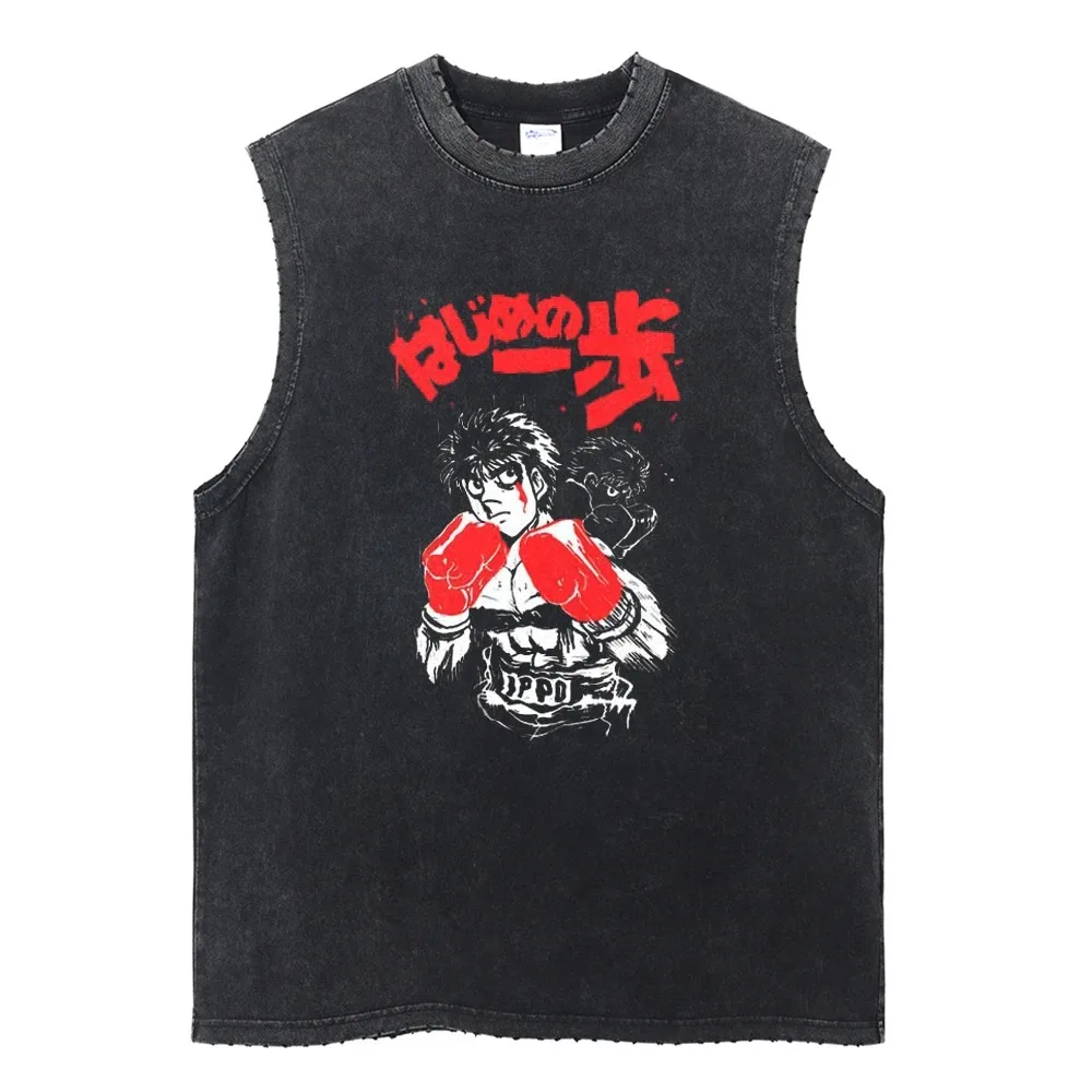 Summer Black Washed Vest Hip Hop Streetwear Tank Top Oversized Cotton T Shirt Anime Graphic Character Print Vest Tee Top