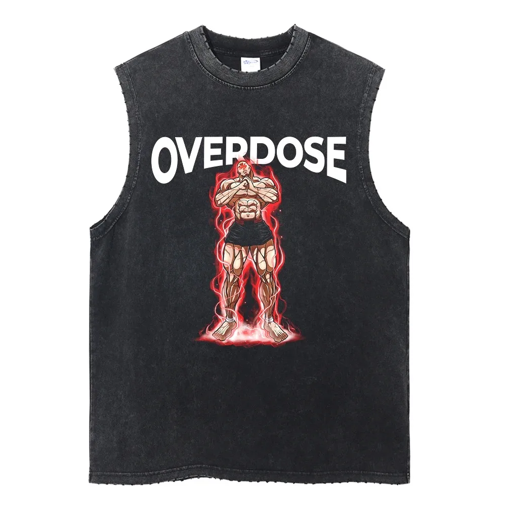 Summer Black Washed Vest Hip Hop Streetwear Tank Top Oversized Cotton T Shirt Anime Graphic Character Print Vest Tee Top