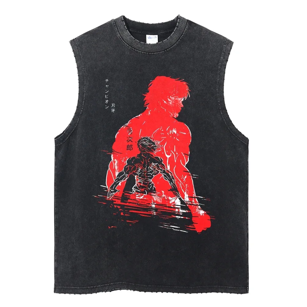 Summer Black Washed Vest Hip Hop Streetwear Tank Top Oversized Cotton T Shirt Anime Graphic Character Print Vest Tee Top