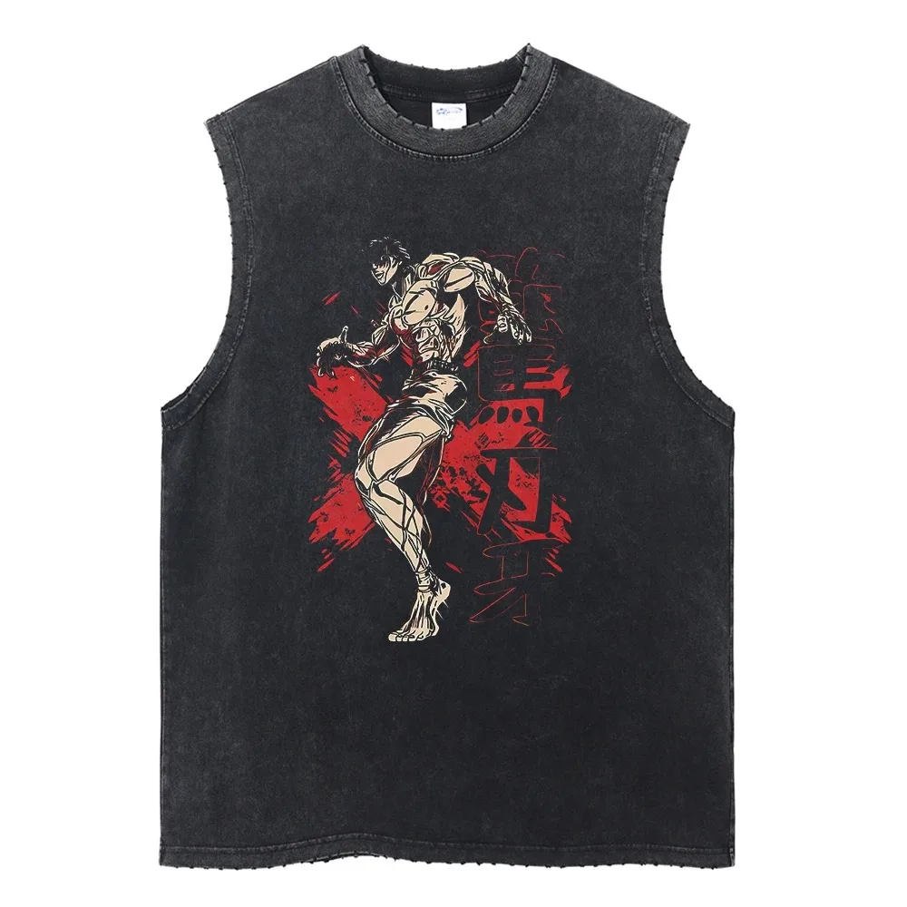 Summer Black Washed Vest Hip Hop Streetwear Tank Top Oversized Cotton T Shirt Anime Graphic Character Print Vest Tee Top