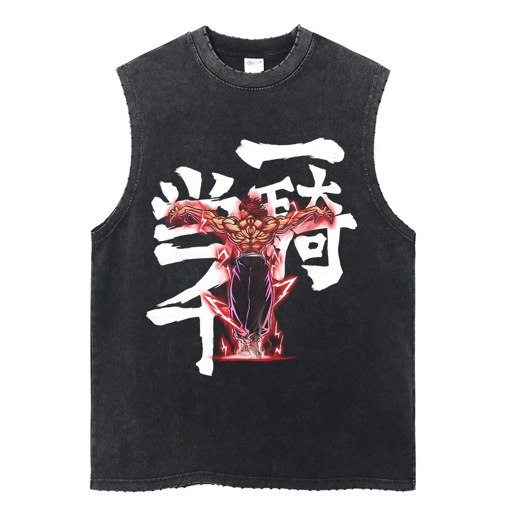 Summer Black Washed Vest Hip Hop Streetwear Tank Top Oversized Cotton T Shirt Anime Graphic Character Print Vest Tee Top