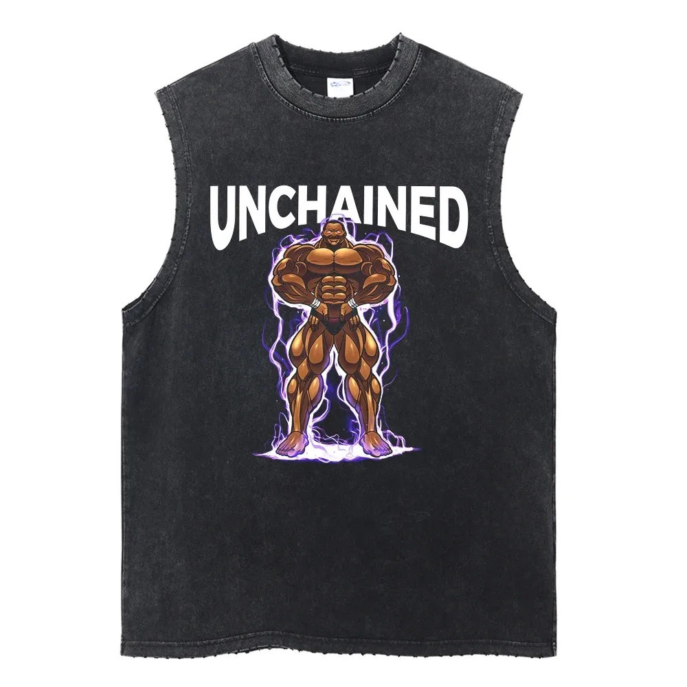 Summer Black Washed Vest Hip Hop Streetwear Tank Top Oversized Cotton T Shirt Anime Graphic Character Print Vest Tee Top