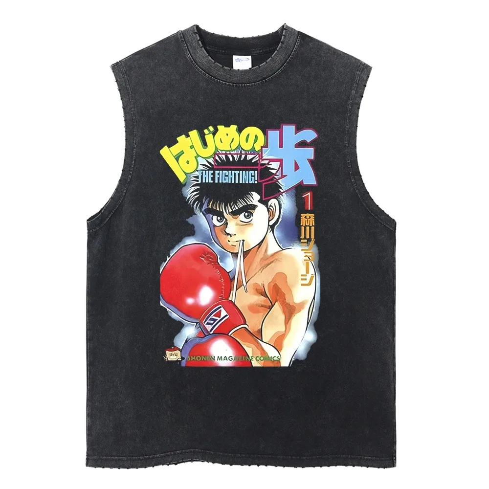 Summer Black Washed Vest Hip Hop Streetwear Tank Top Oversized Cotton T Shirt Anime Graphic Character Print Vest Tee Top