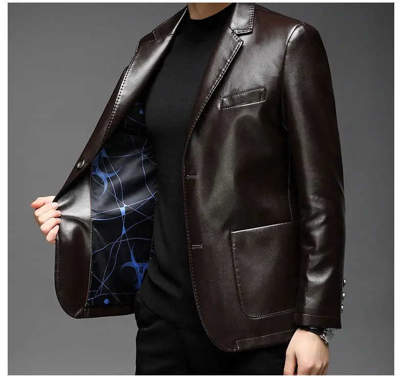 Autumn Winter Male Korean Fashion Casual PU Leather Jacket Hombre Thick Warm Add Velvet Buttos Coat Men All-match Outwear Top