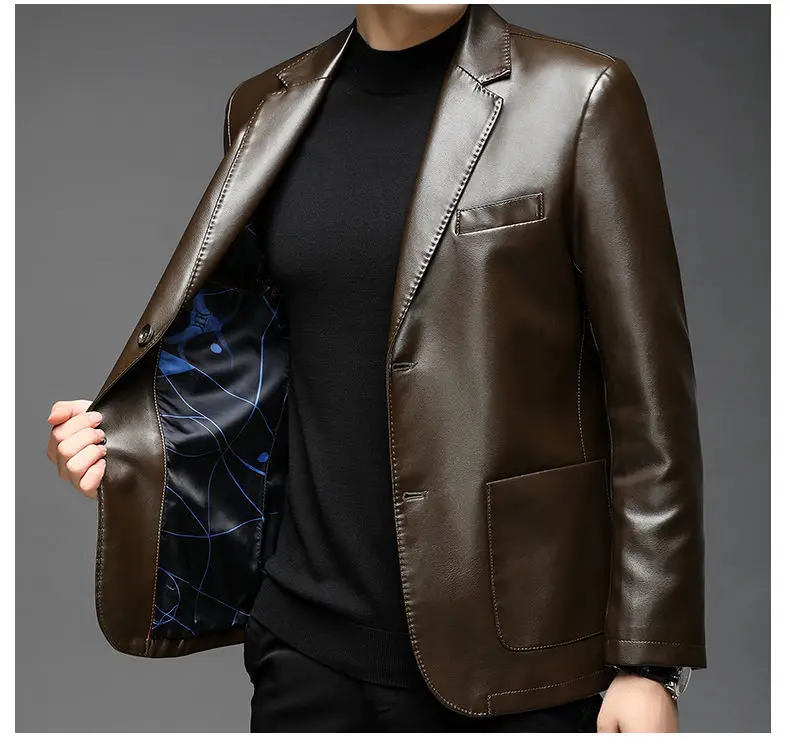 Autumn Winter Male Korean Fashion Casual PU Leather Jacket Hombre Thick Warm Add Velvet Buttos Coat Men All-match Outwear Top
