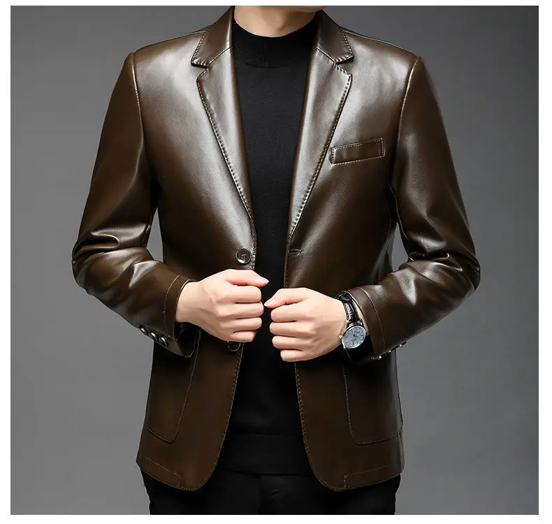 Autumn Winter Male Korean Fashion Casual PU Leather Jacket Hombre Thick Warm Add Velvet Buttos Coat Men All-match Outwear Top