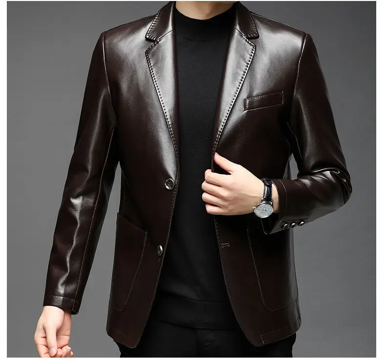 Autumn Winter Male Korean Fashion Casual PU Leather Jacket Hombre Thick Warm Add Velvet Buttos Coat Men All-match Outwear Top