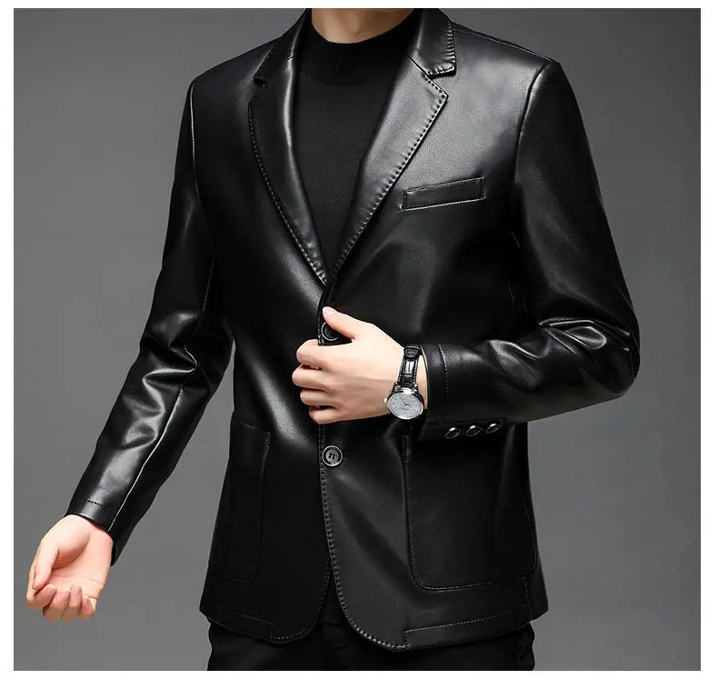 Autumn Winter Male Korean Fashion Casual PU Leather Jacket Hombre Thick Warm Add Velvet Buttos Coat Men All-match Outwear Top