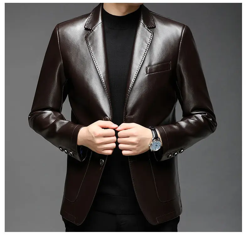 Autumn Winter Male Korean Fashion Casual PU Leather Jacket Hombre Thick Warm Add Velvet Buttos Coat Men All-match Outwear Top