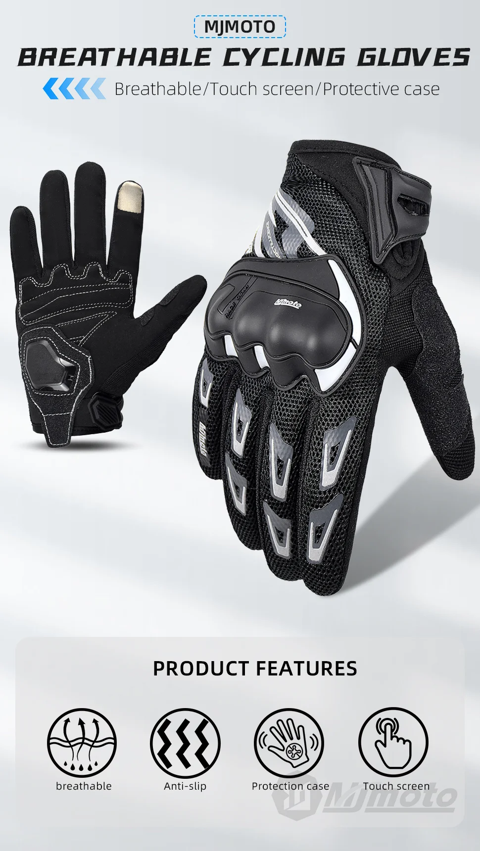 MJMOTO Gray Reflective Summer Gloves for Motorcyclist Breathable Touchscreen Protective Motorbike Gloves Motorcycle accessories