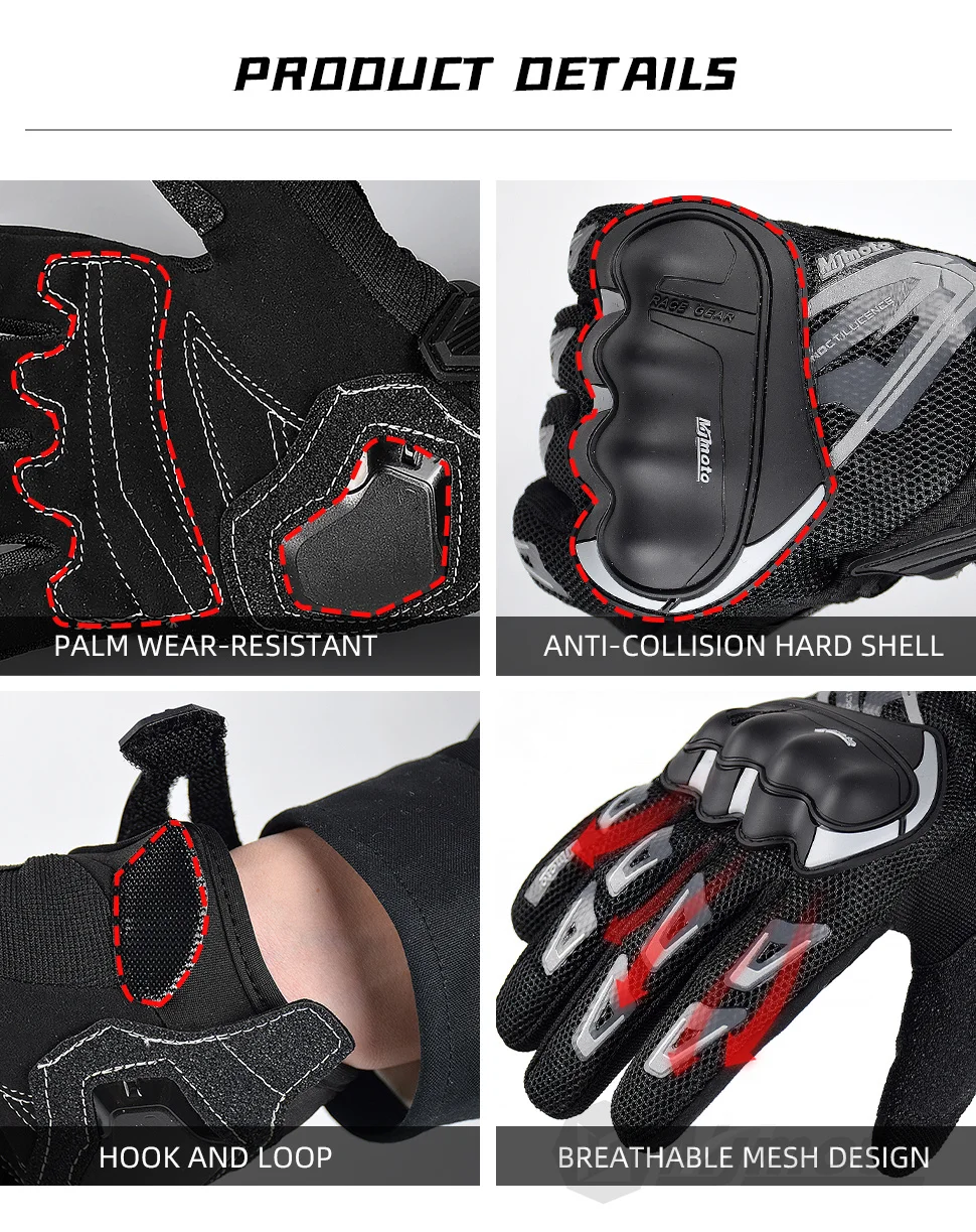 MJMOTO Gray Reflective Summer Gloves for Motorcyclist Breathable Touchscreen Protective Motorbike Gloves Motorcycle accessories