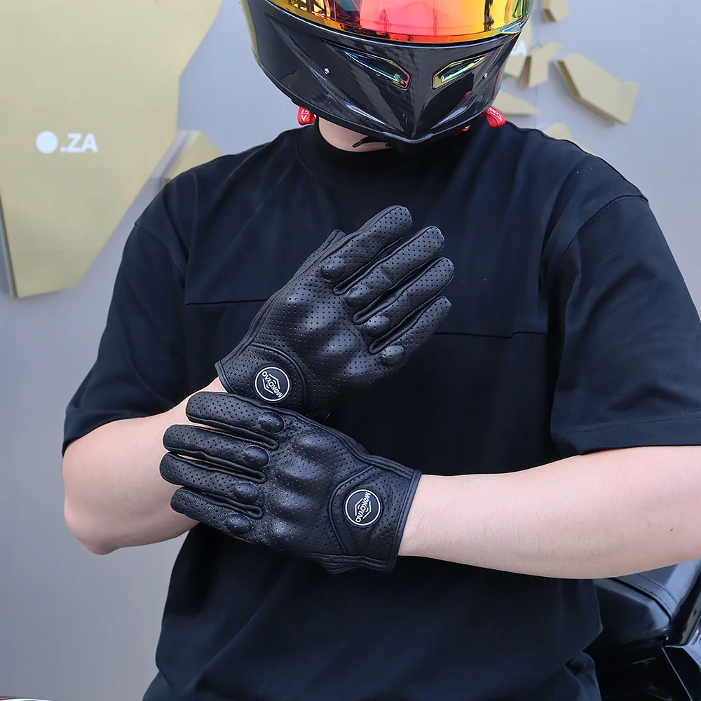 Leather Motorcycle Gloves Men Women Breathable Perforated Motorbike Urban Riding Gloves Retro Touchscreen Motocross Racing Glove
