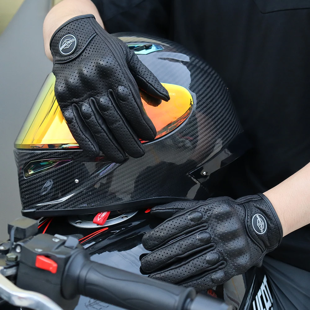 Leather Motorcycle Gloves Men Women Breathable Perforated Motorbike Urban Riding Gloves Retro Touchscreen Motocross Racing Glove