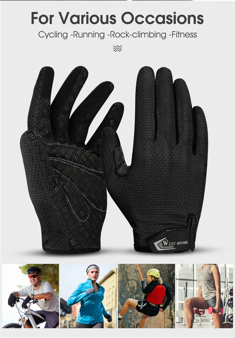 WEST BIKING Summer Cycling Gloves  MTB Full Finger Bike Gloves Touch Screen Non-Slip Silicone Palm Rest Driving Riding Gloves