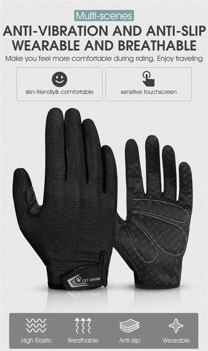 WEST BIKING Summer Cycling Gloves  MTB Full Finger Bike Gloves Touch Screen Non-Slip Silicone Palm Rest Driving Riding Gloves