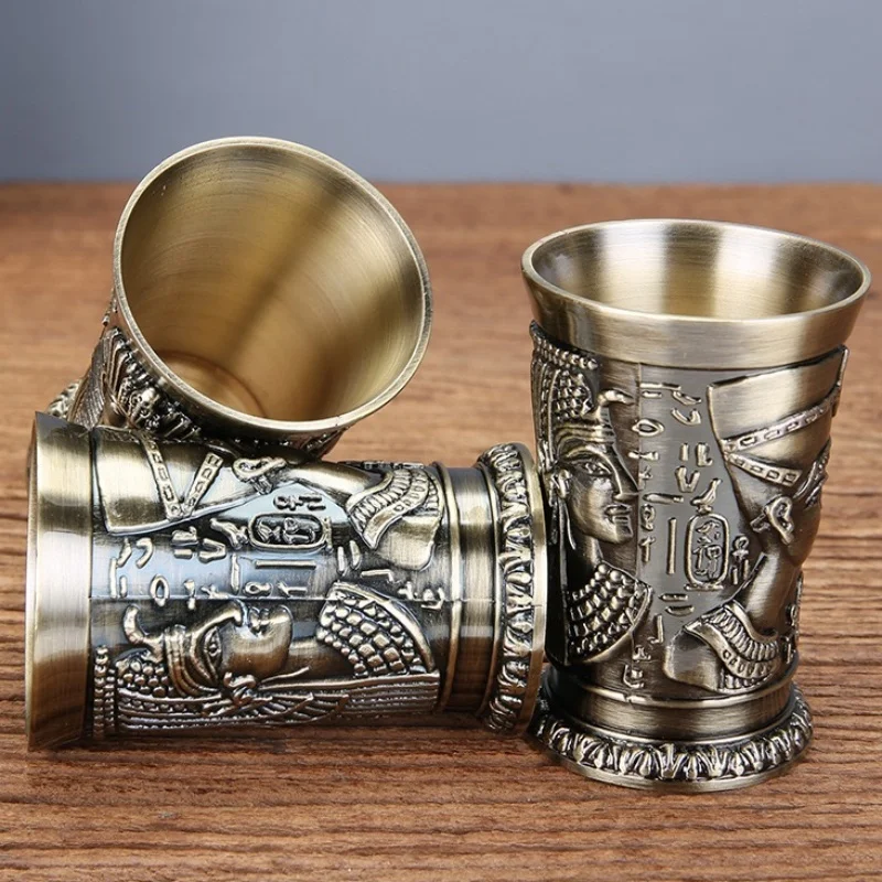 Vintage Grail, Alloy Relief Carved Pharaoh Drinking Tumbler, European Portable Mini Vodka Cup, Wine Cabinet Home Decoration,1pcs