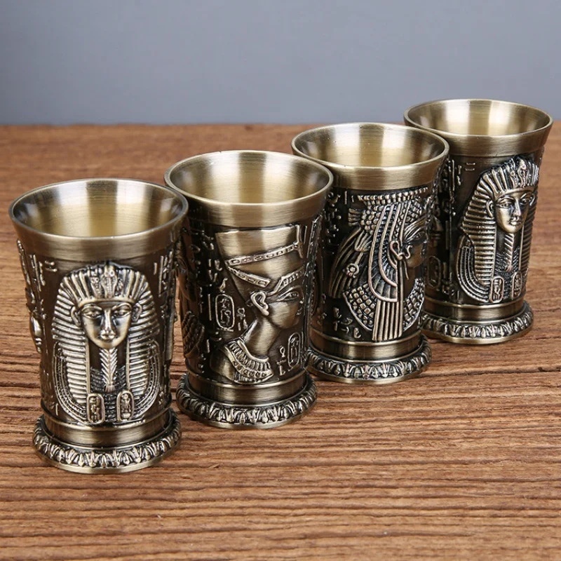 Vintage Grail, Alloy Relief Carved Pharaoh Drinking Tumbler, European Portable Mini Vodka Cup, Wine Cabinet Home Decoration,1pcs
