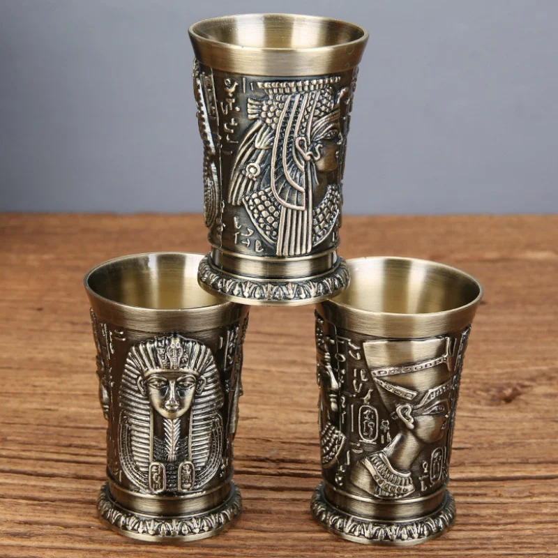 Vintage Grail, Alloy Relief Carved Pharaoh Drinking Tumbler, European Portable Mini Vodka Cup, Wine Cabinet Home Decoration,1pcs