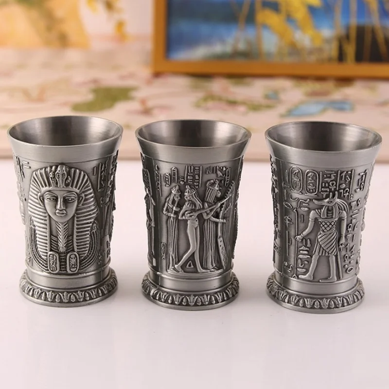 Vintage Grail, Alloy Relief Carved Pharaoh Drinking Tumbler, European Portable Mini Vodka Cup, Wine Cabinet Home Decoration,1pcs