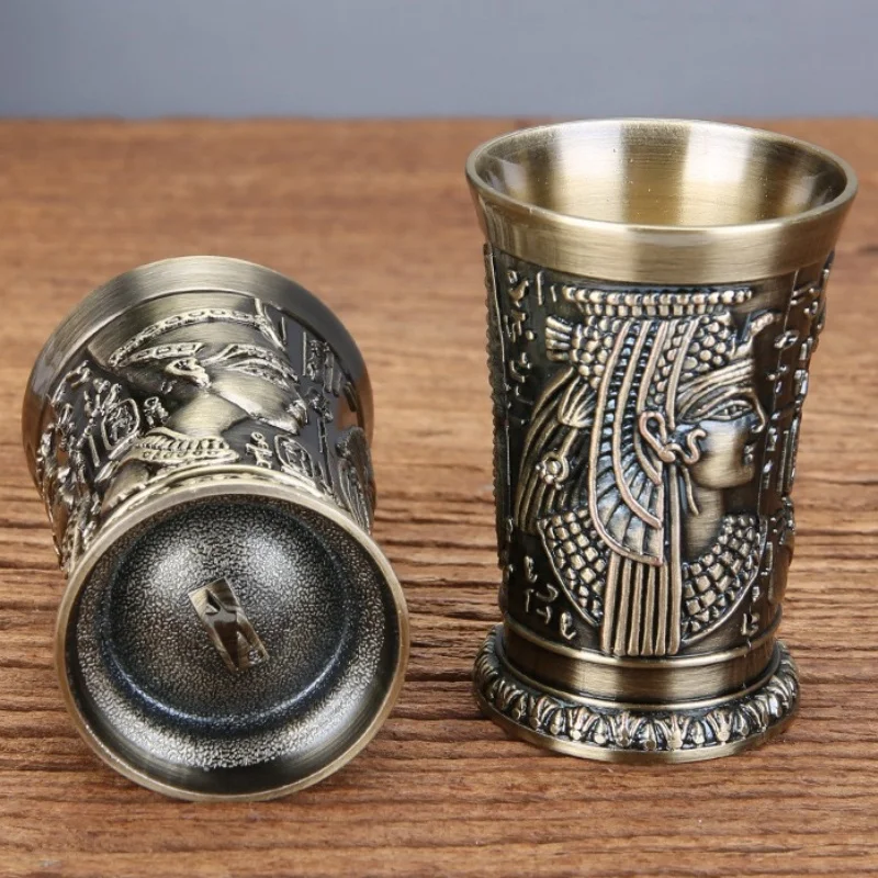 Vintage Grail, Alloy Relief Carved Pharaoh Drinking Tumbler, European Portable Mini Vodka Cup, Wine Cabinet Home Decoration,1pcs