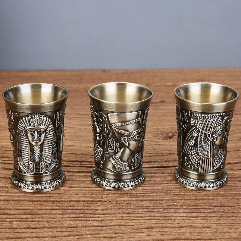 Vintage Grail, Alloy Relief Carved Pharaoh Drinking Tumbler, European Portable Mini Vodka Cup, Wine Cabinet Home Decoration,1pcs