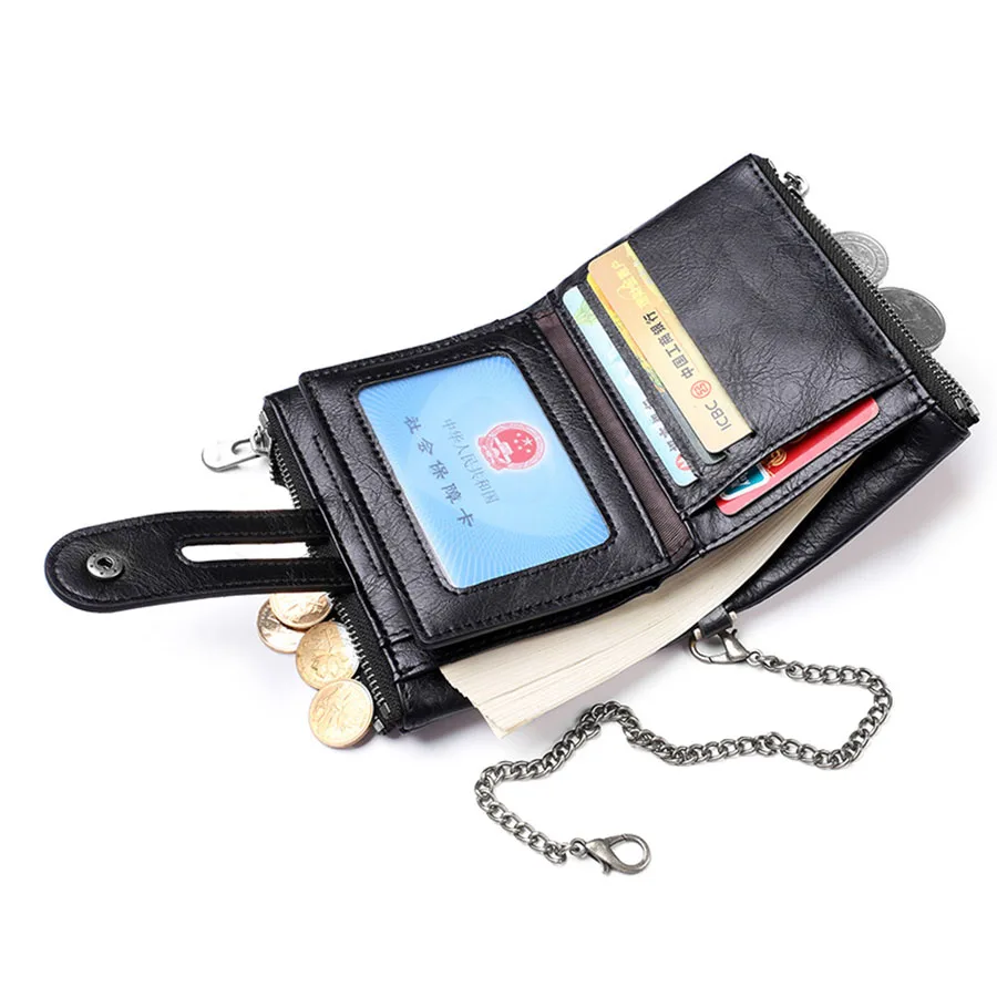 2025 Vintage Classic Retro Men Wallet  with Chain  RFID Anti-Theft Synthetic Leather Double Zipper Coin Purse Credit Card Holder
