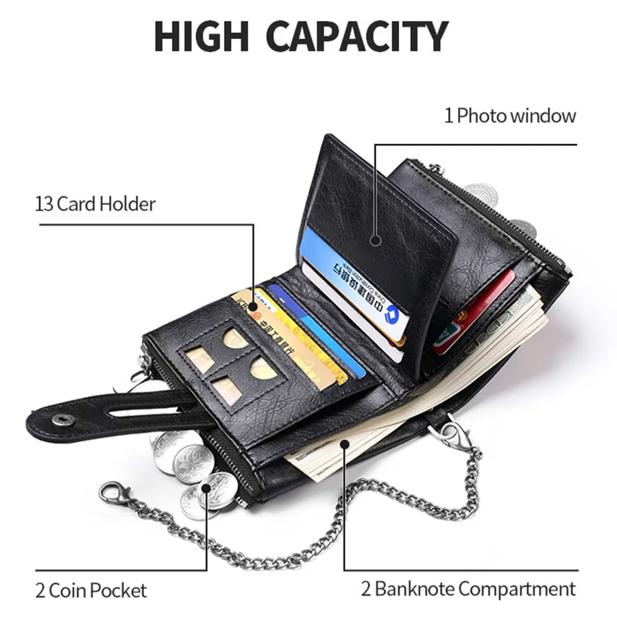 2025 Vintage Classic Retro Men Wallet  with Chain  RFID Anti-Theft Synthetic Leather Double Zipper Coin Purse Credit Card Holder
