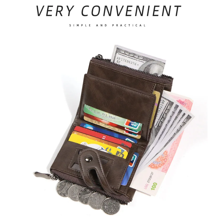 2025 Vintage Classic Retro Men Wallet  with Chain  RFID Anti-Theft Synthetic Leather Double Zipper Coin Purse Credit Card Holder