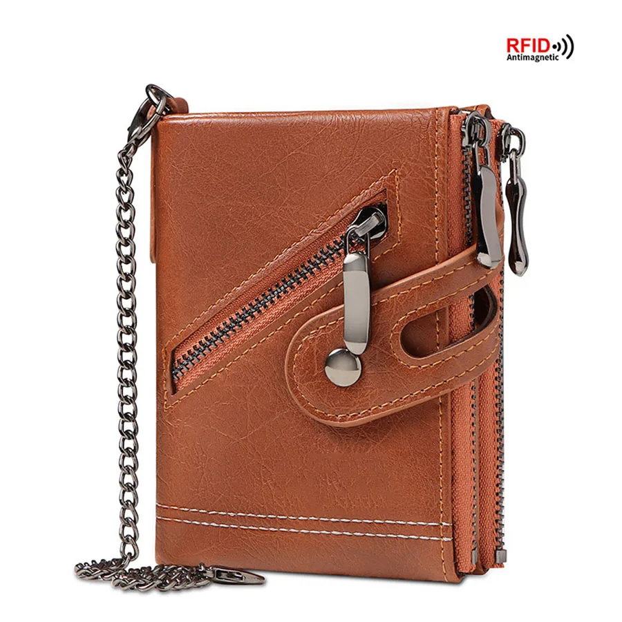 2025 Vintage Classic Retro Men Wallet  with Chain  RFID Anti-Theft Synthetic Leather Double Zipper Coin Purse Credit Card Holder