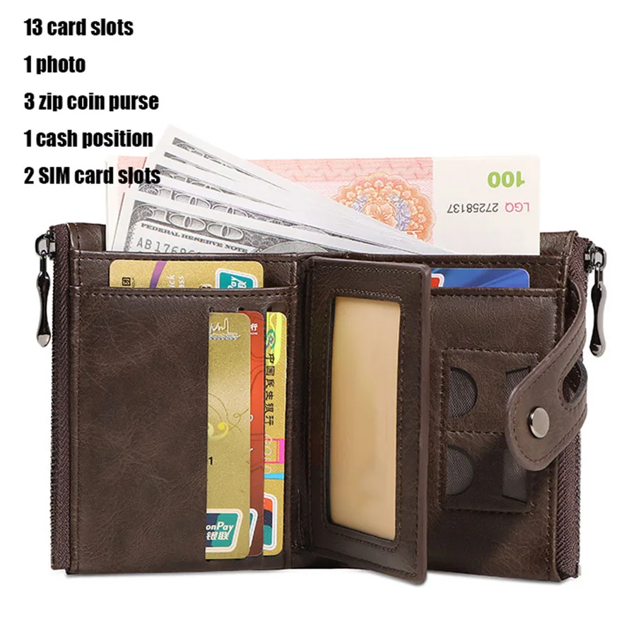 2025 Vintage Classic Retro Men Wallet  with Chain  RFID Anti-Theft Synthetic Leather Double Zipper Coin Purse Credit Card Holder