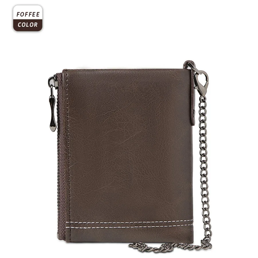 2025 Vintage Classic Retro Men Wallet  with Chain  RFID Anti-Theft Synthetic Leather Double Zipper Coin Purse Credit Card Holder