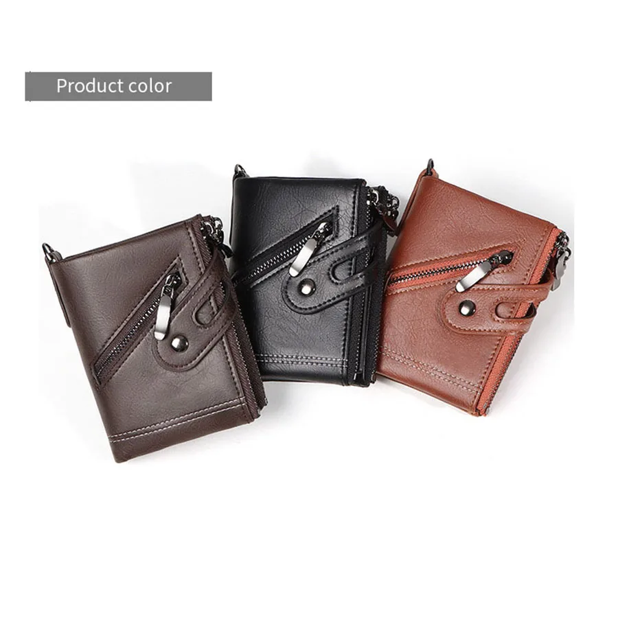 2025 Vintage Classic Retro Men Wallet  with Chain  RFID Anti-Theft Synthetic Leather Double Zipper Coin Purse Credit Card Holder