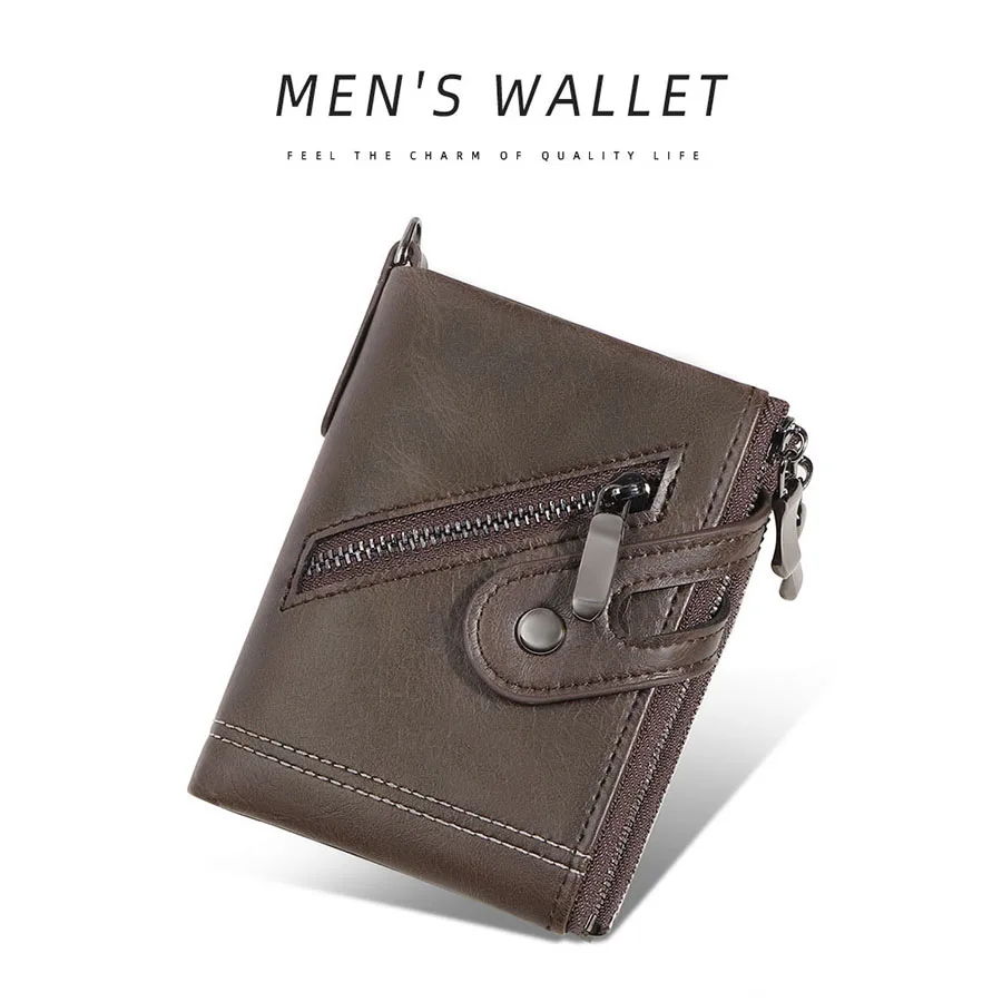 2025 Vintage Classic Retro Men Wallet  with Chain  RFID Anti-Theft Synthetic Leather Double Zipper Coin Purse Credit Card Holder