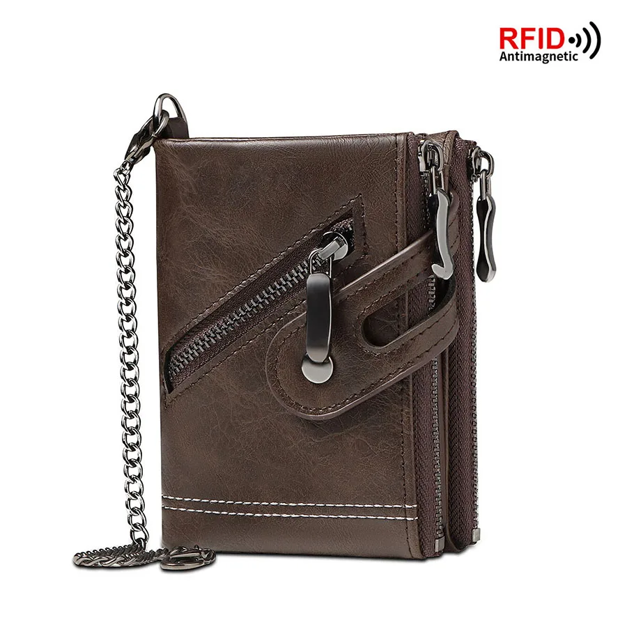 2025 Vintage Classic Retro Men Wallet  with Chain  RFID Anti-Theft Synthetic Leather Double Zipper Coin Purse Credit Card Holder