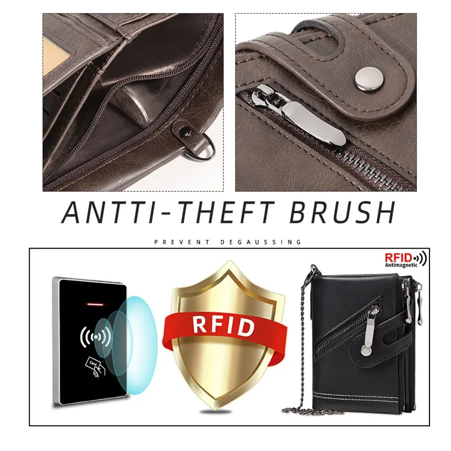 2025 Vintage Classic Retro Men Wallet  with Chain  RFID Anti-Theft Synthetic Leather Double Zipper Coin Purse Credit Card Holder