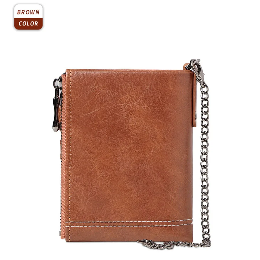 2025 Vintage Classic Retro Men Wallet  with Chain  RFID Anti-Theft Synthetic Leather Double Zipper Coin Purse Credit Card Holder