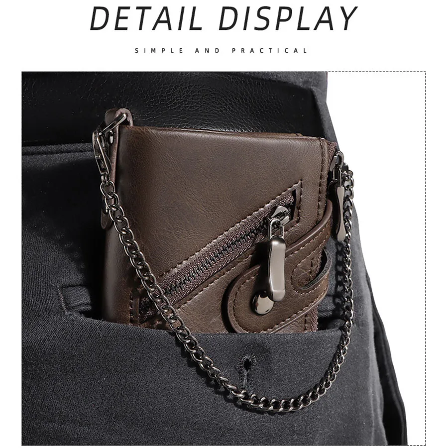 2025 Vintage Classic Retro Men Wallet  with Chain  RFID Anti-Theft Synthetic Leather Double Zipper Coin Purse Credit Card Holder