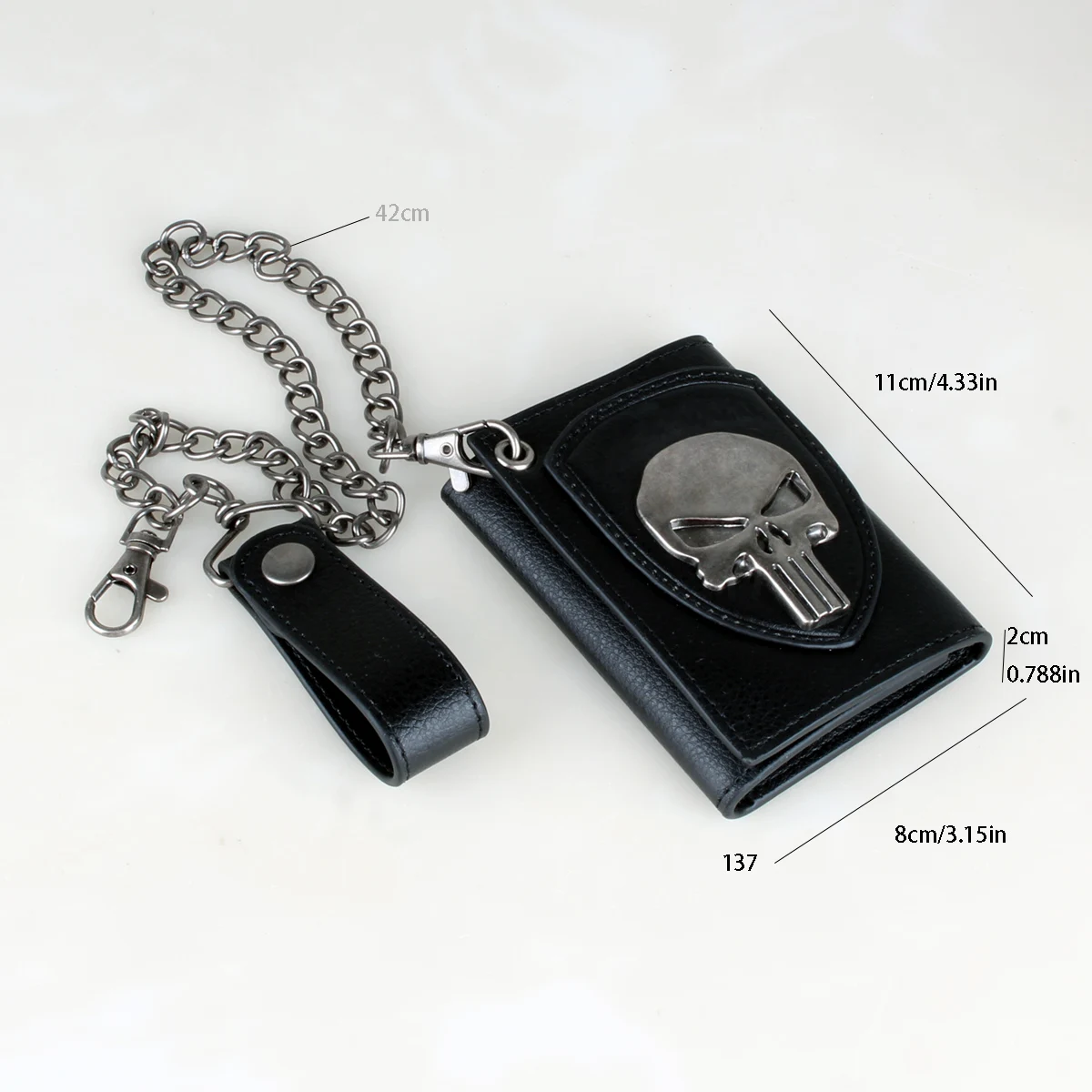Skull Hip Hop Wallet With Chain, PU Leather Trifold Wallet