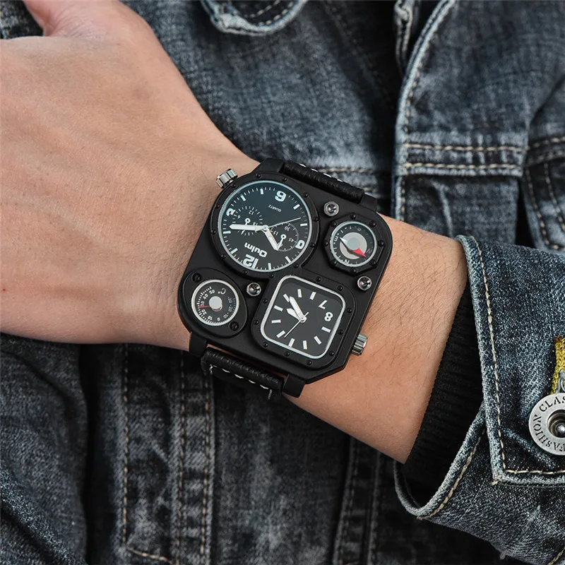 Oulm 1169 Black Sport Men's Watches Square Dial Unique Decorative Compass Male Quartz Watch Casual Men Wristwatches